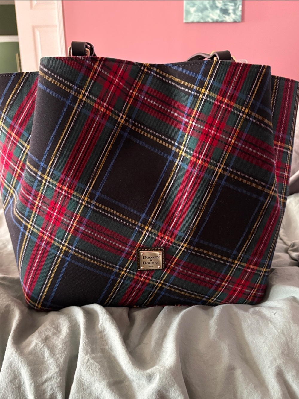 Dooney & Bourke Black Plaid Messenger Bag with Red and Blue Accents